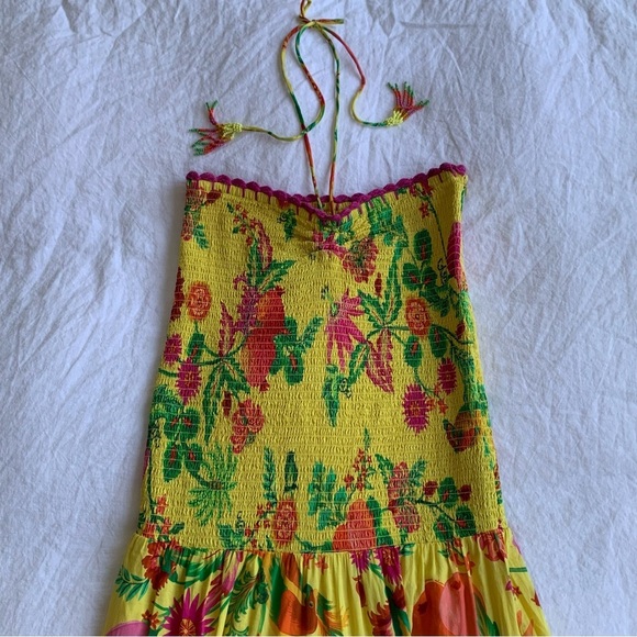 Farm Rio Delicate Fruit Garden Yellow Smocked Strapless Halter Tiered Maxi Dress - Picture 11 of 14